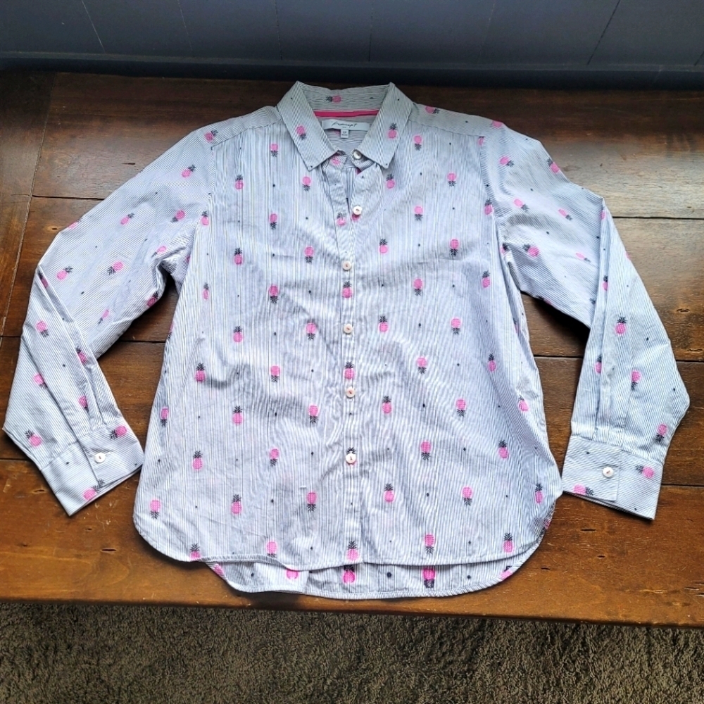 Foxcroft Striped Pineapple Print Button Down No-Iron size 12P Navy Pink